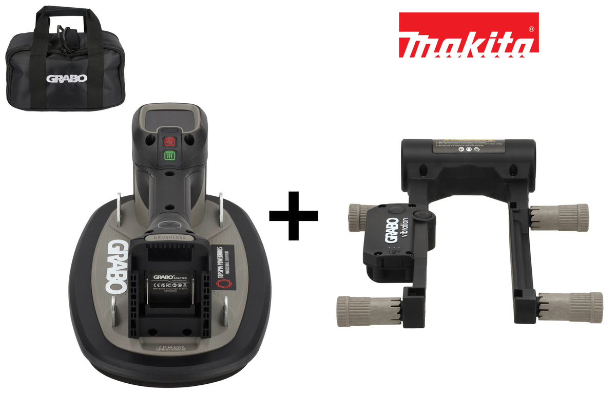 GRABO Pro Brushless met Makita 18V accu-adapter en GRABO Tile Vibration Tool tegeltriller