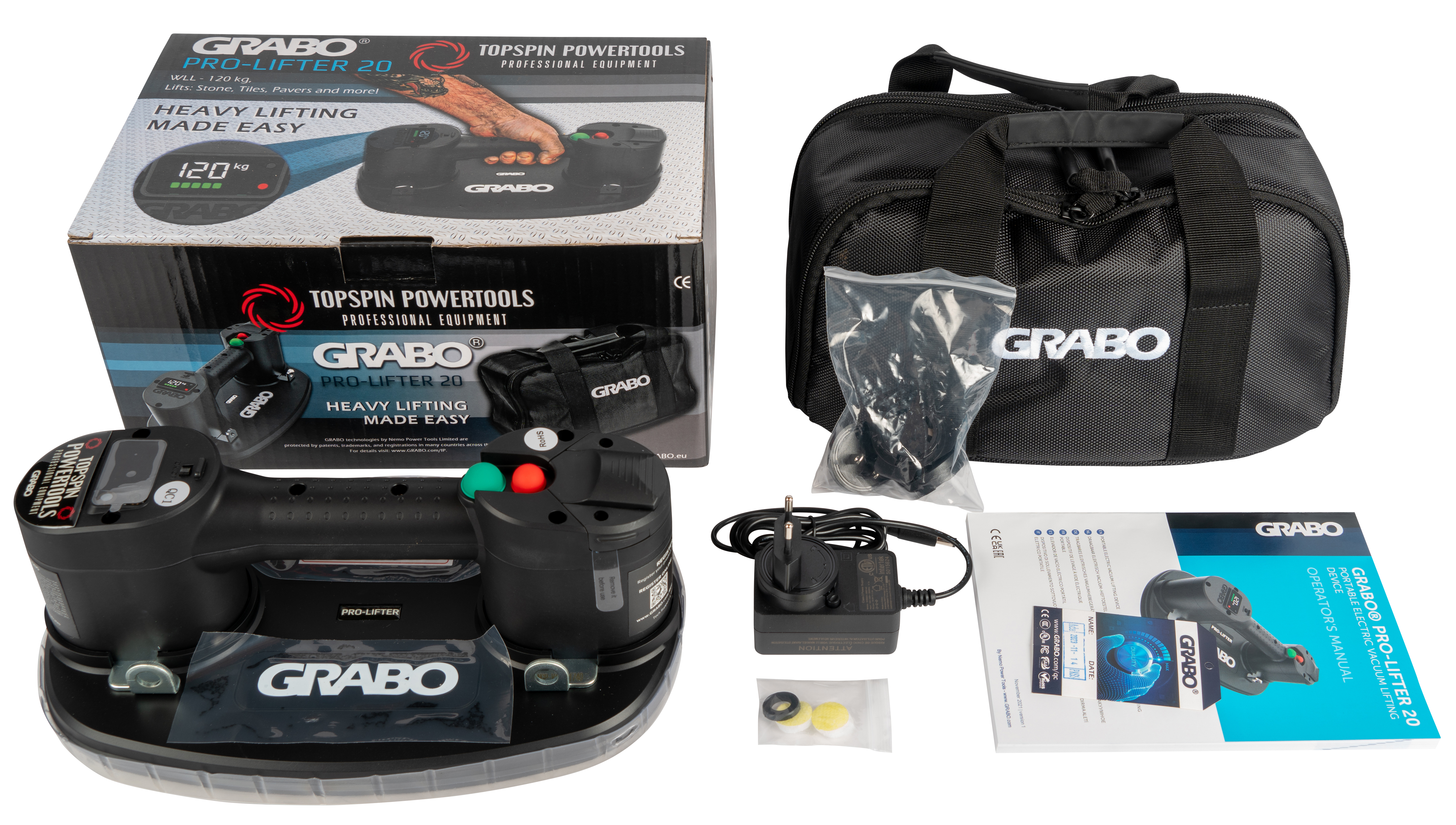 GRABO Pro in transporttas met accu, lader, rubber-foam afdichtingsring en filterset.