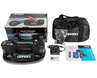 GRABO Pro in transporttas met accu, lader, rubber-foam afdichtingsring en filterset.