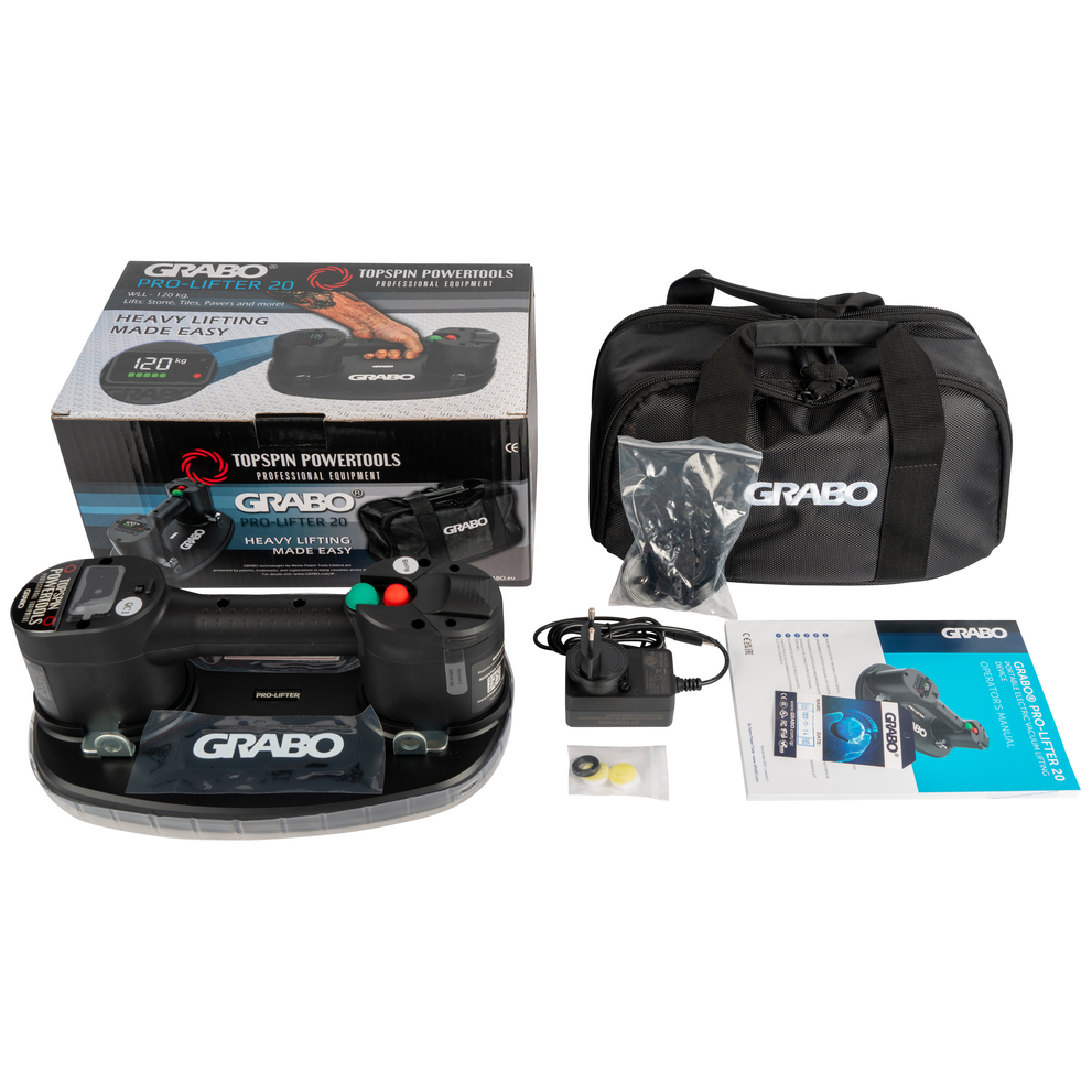 GRABO Pro in transporttas met accu, lader, rubber-foam afdichtingsring en filterset.