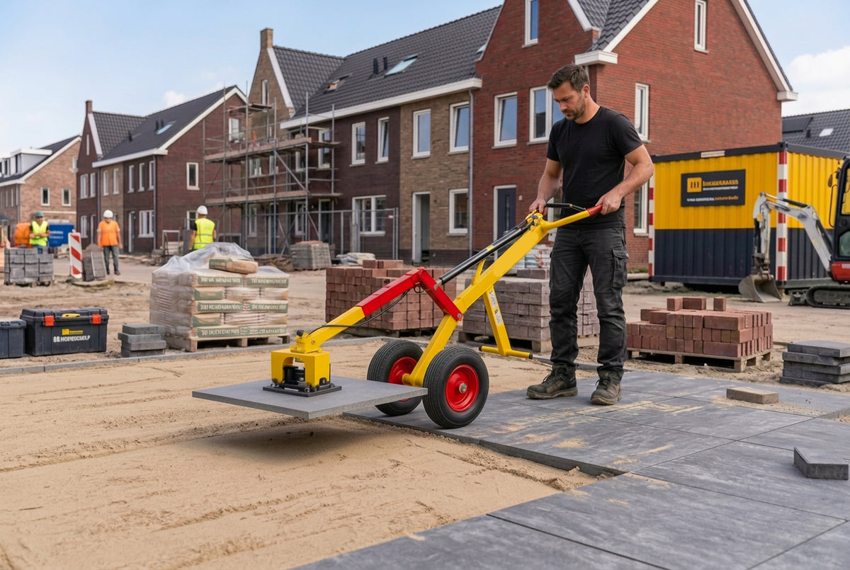 GRABO TegelBuddy in gebruik voor het verplaatsen en plaatsen van een zware tegel