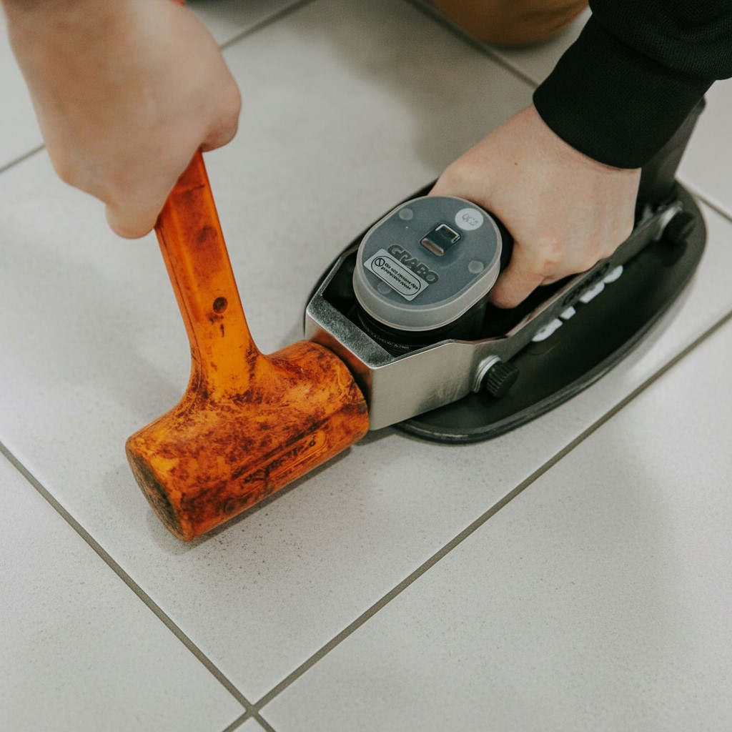 Grabo Impact Plate in gebruik bij het uitlijnen van een tegel